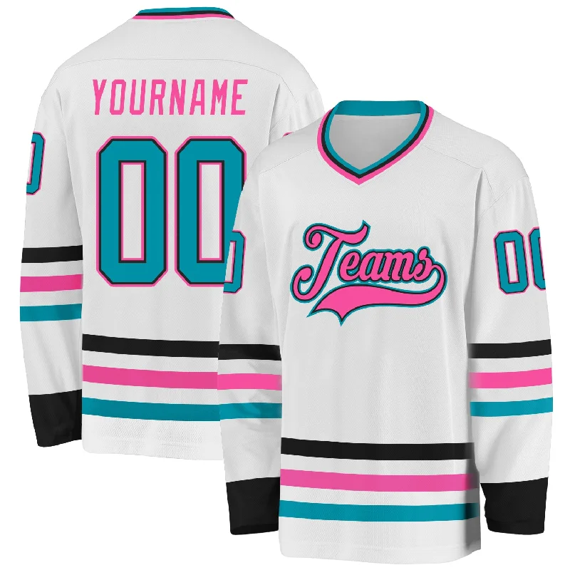 Youth Hockey Jerseys for Junior Players-Custom White Teal Black-Pink Hockey Jersey