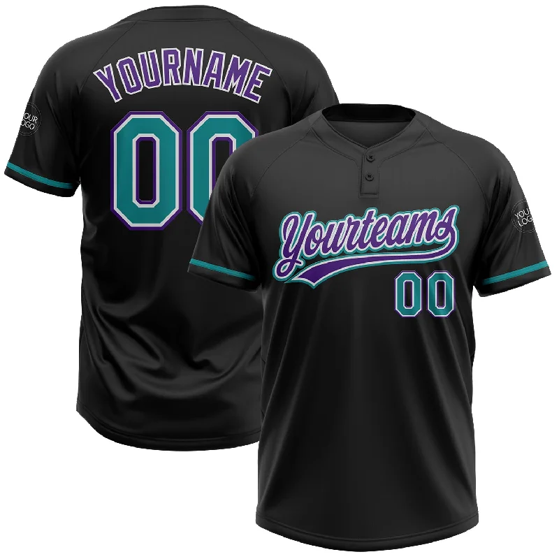 Customizable Softball Jerseys for Schools and Leagues-Custom Black Teal-Purple Two-Button Unisex Softball Jersey