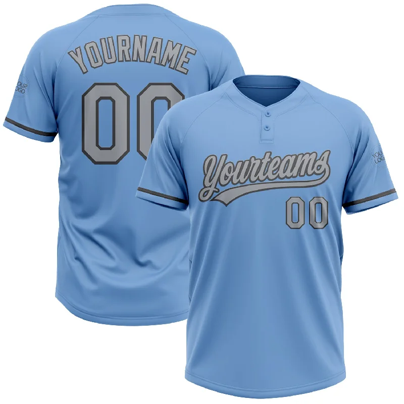 Softball Jerseys with Ribbed Cuffs for Secure Fit-Custom Light Blue Gray-Steel Gray Two-Button Unisex Softball Jersey