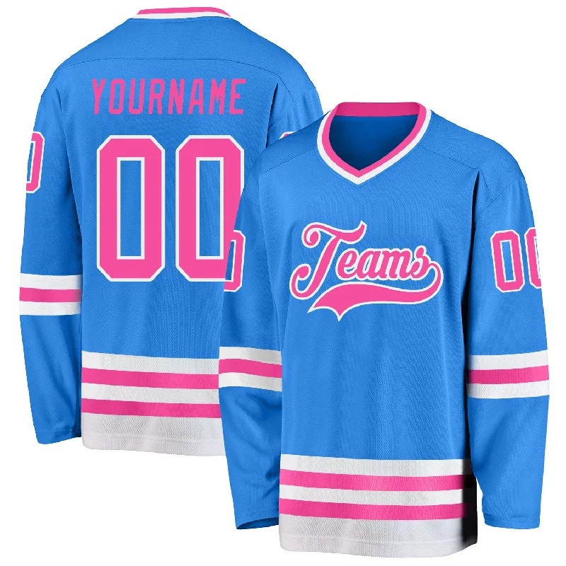 Sublimated Ice Hockey Jerseys for Bold Prints-Custom Powder Blue Pink-White Hockey Jersey