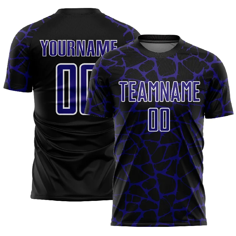 Soccer Jerseys with Multiple Pockets for Storage-Custom Black Dark Purple-White Abstract Network Splash Sublimation Soccer Uniform Jersey