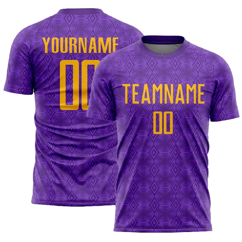 Soccer Jerseys with Heat-Transfer Numbers for Modern Appeal-Custom Purple Gold Geometric Shapes Sublimation Soccer Uniform Jersey