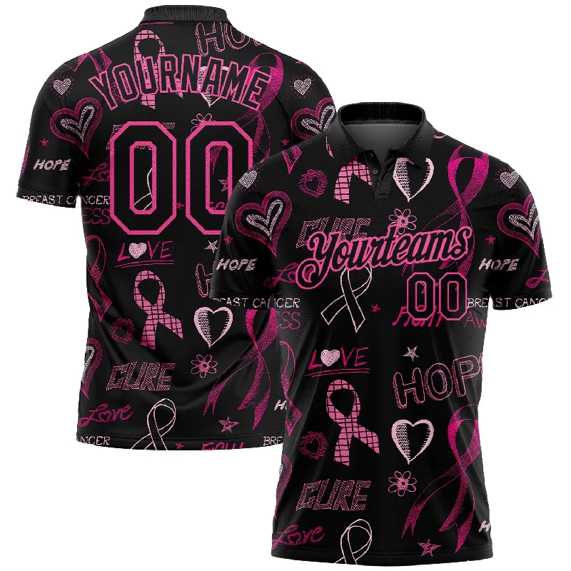 Fitted Golf Polo Shirts for Sleek Silhouette-Custom Black Pink 3D Pattern Design Pink Ribbon Breast Cancer Awareness Month Women Health Care Support Performance Golf Polo Shirt