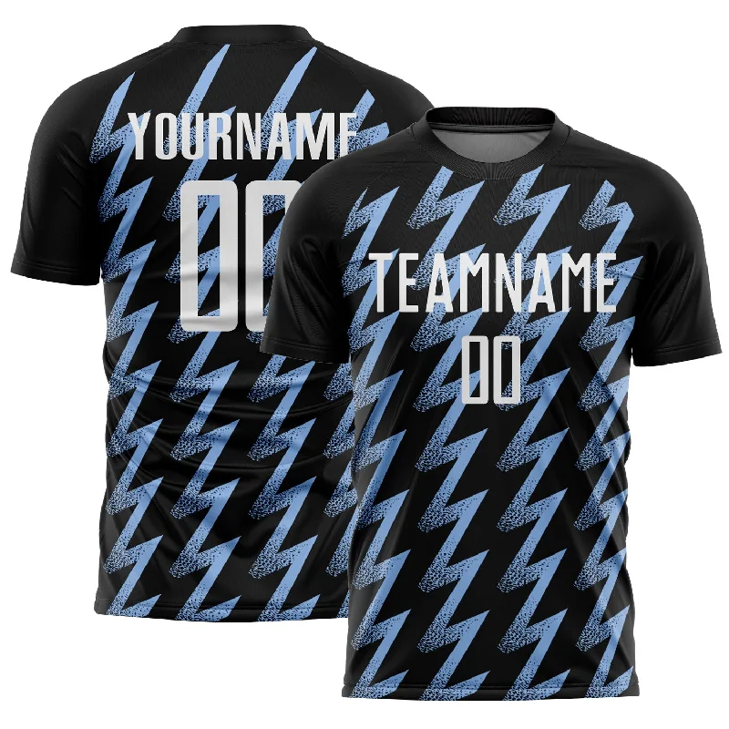 Soccer Jerseys with Breathable Mesh Panels for Ventilation-Custom Black White-Light Blue Zigzag Shape Sublimation Soccer Uniform Jersey