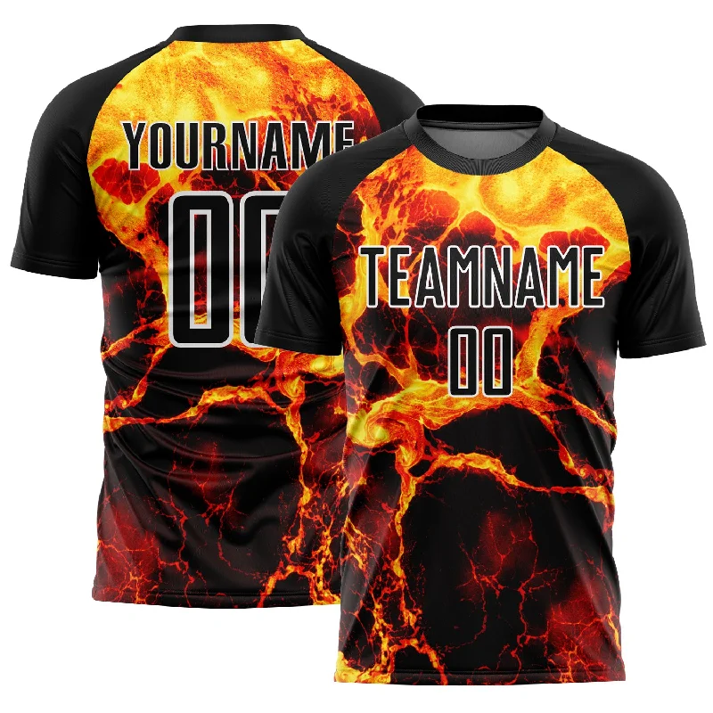 Soccer Jerseys with Reflective Details for Visibility-Custom Black Gold-White Flame Sublimation Soccer Uniform Jersey