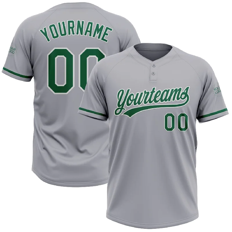 Softball Jerseys with High-Tech Fabrics for Better Performance-Custom Gray Kelly Green-White Two-Button Unisex Softball Jersey