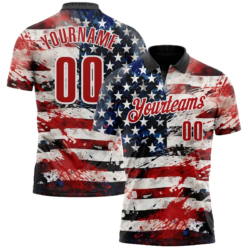 Customized Golf Polo Shirts for Special Occasions-Custom Black Red-White 3D American Flag Performance Polo Shirt