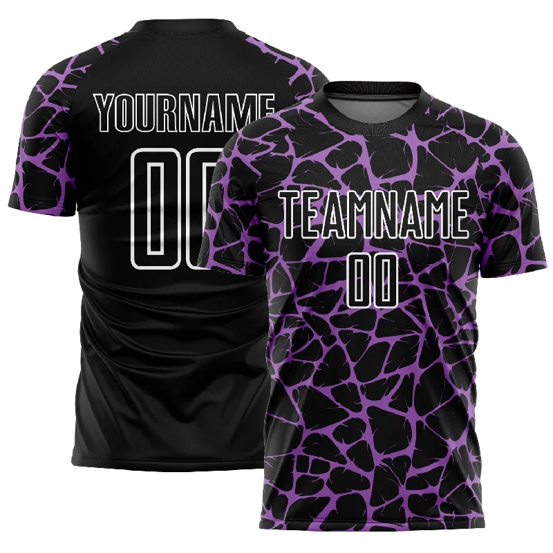 Soccer Jerseys with Soft Collar for Comfort-Custom Black Medium Purple-White Abstract Network Splash Sublimation Soccer Uniform Jersey