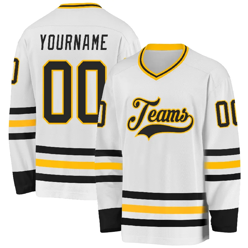 Custom Hockey Jerseys with Player Numbers-Custom White Black-Gold Hockey Jersey