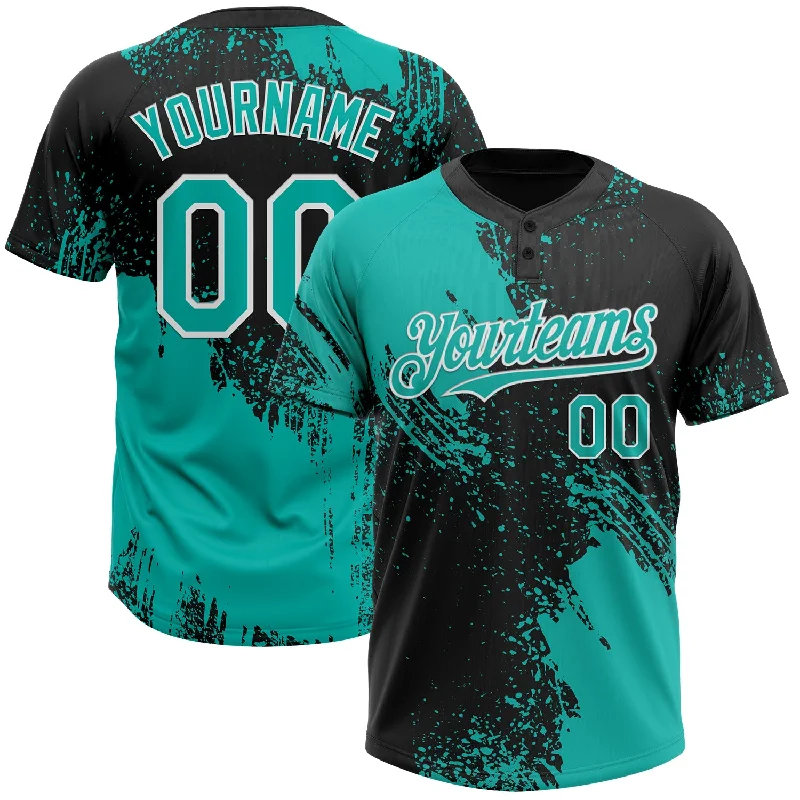 Softball Jerseys with Anti-Odor Technology for Comfort-Custom Aqua Black-White 3D Pattern Abstract Brush Stroke Two-Button Unisex Softball Jersey