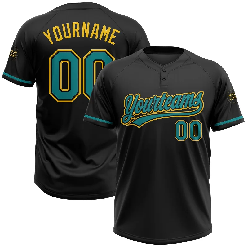 Affordable Softball Jerseys for Recreational Players-Custom Black Teal-Yellow Two-Button Unisex Softball Jersey