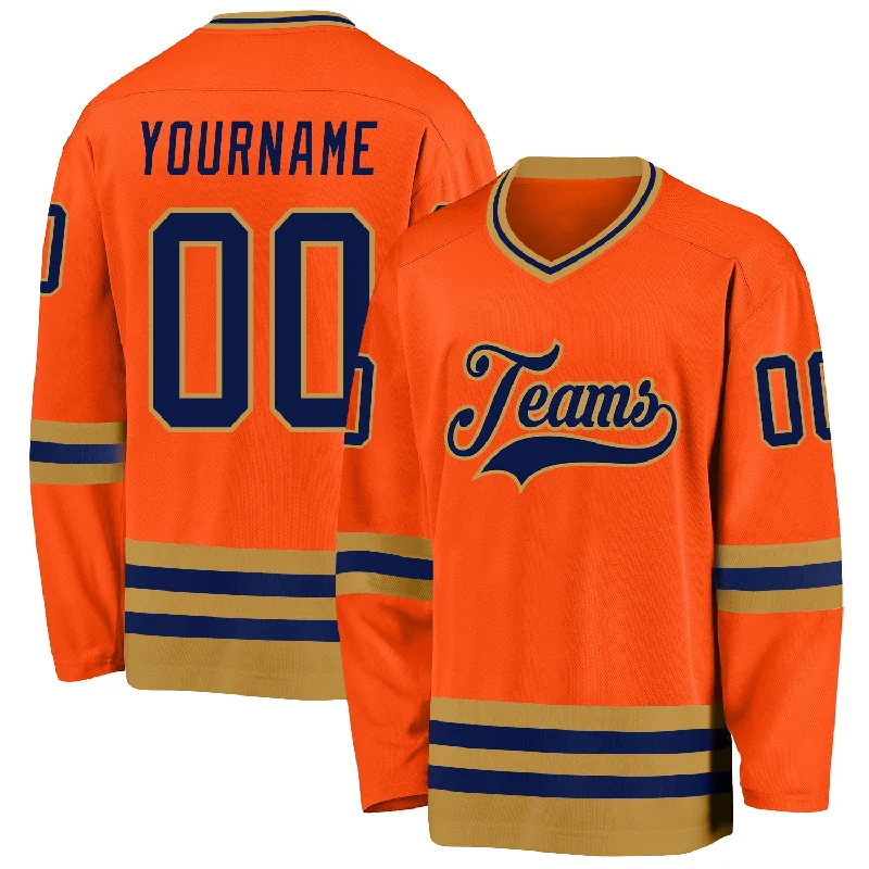 Breathable Mesh Ice Hockey Jerseys for Comfort-Custom Orange Navy-Old Gold Hockey Jersey