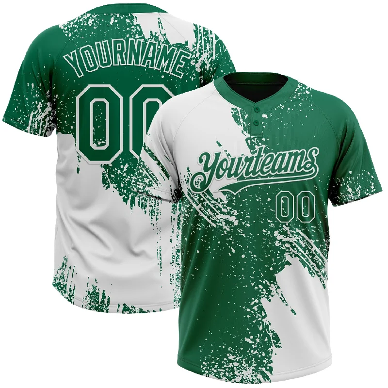 Softball Jerseys with Soft and Breathable Fabric for Comfort-Custom White Kelly Green 3D Pattern Abstract Brush Stroke Two-Button Unisex Softball Jersey