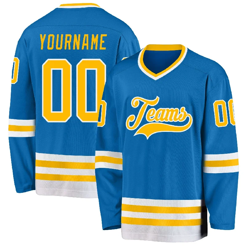 Lightweight Ice Hockey Jerseys for Speed-Custom Blue Gold-White Hockey Jersey