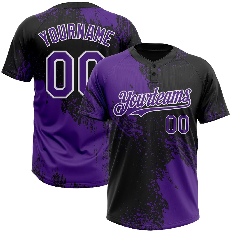 Softball Jerseys with Performance Fit for Enhanced Speed-Custom Purple Black-White 3D Pattern Abstract Brush Stroke Two-Button Unisex Softball Jersey