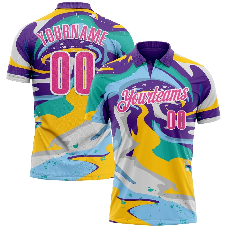 Durable Golf Polo Shirts with Reinforced Stitching-Custom Purple Pink Yellow-Aqua 3D Bowling Splash Ink Performance Polo Shirt