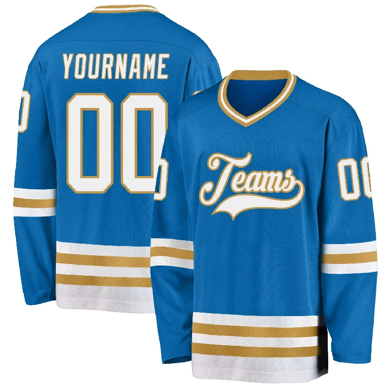 Mesh Hockey Jerseys for Breathable Comfort-Custom Blue White-Old Gold Hockey Jersey