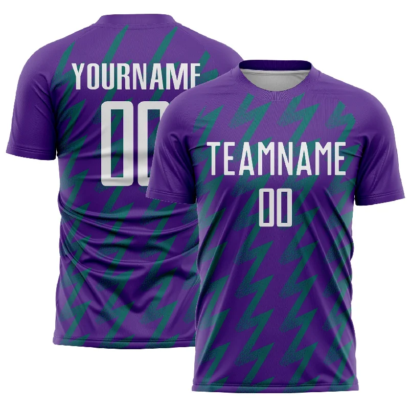 Soccer Jerseys with Lightweight Polyester Fabric for Breathability-Custom Purple White-Teal Zigzag Shape Sublimation Soccer Uniform Jersey