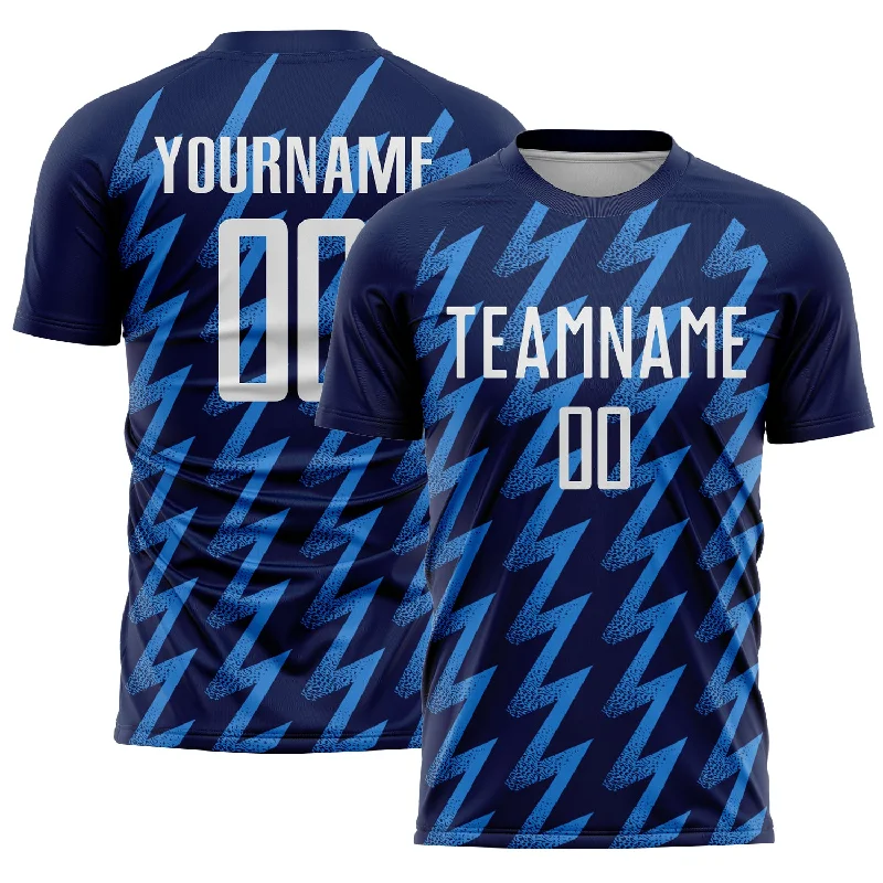 Soccer Jerseys with Heat-Pressed Numbers and Logos for Durability-Custom Navy White-Powder Blue Zigzag Shape Sublimation Soccer Uniform Jersey