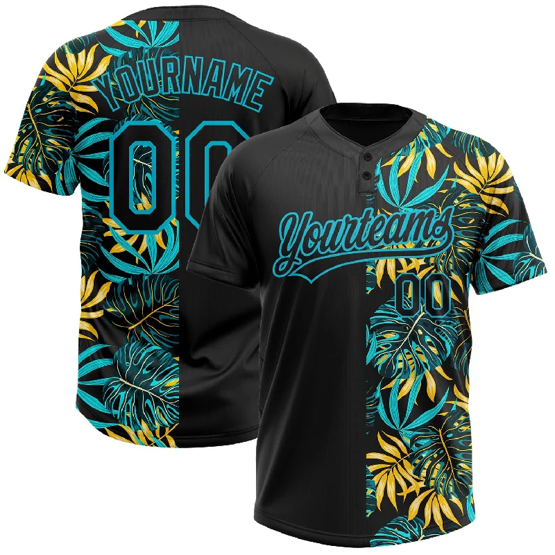 Softball Jerseys for Casual Play with Relaxed Fit-Custom Black Lakes Blue 3D Pattern Hawaii Tropical Palm Leaves Two-Button Unisex Softball Jersey