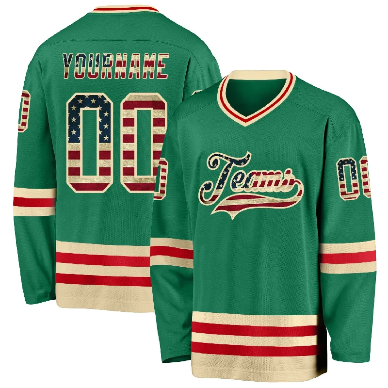 Heavyweight Training Hockey Jerseys for Intense Sessions-Custom Kelly Green Vintage USA Flag Cream-Red Hockey Jersey