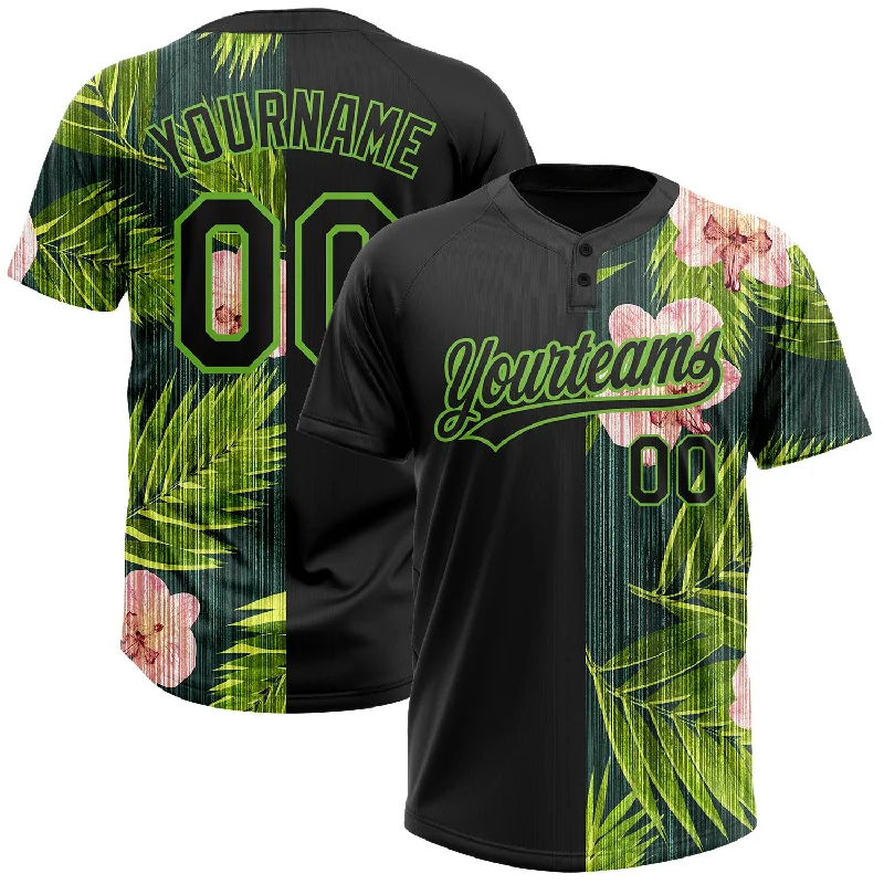 Softball Jerseys with Stretch Panels for Enhanced Movement-Custom Black Neon Green 3D Pattern Hawaii Tropical Palm Leaves With Orchids Two-Button Unisex Softball Jersey