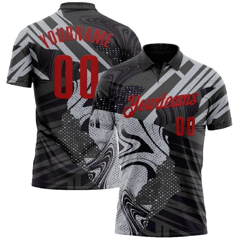 Short-Sleeve Golf Polo Shirts for Summer Play-Custom Black Red-Gray 3D Bowling Abstract Grunge Art Performance Polo Shirt