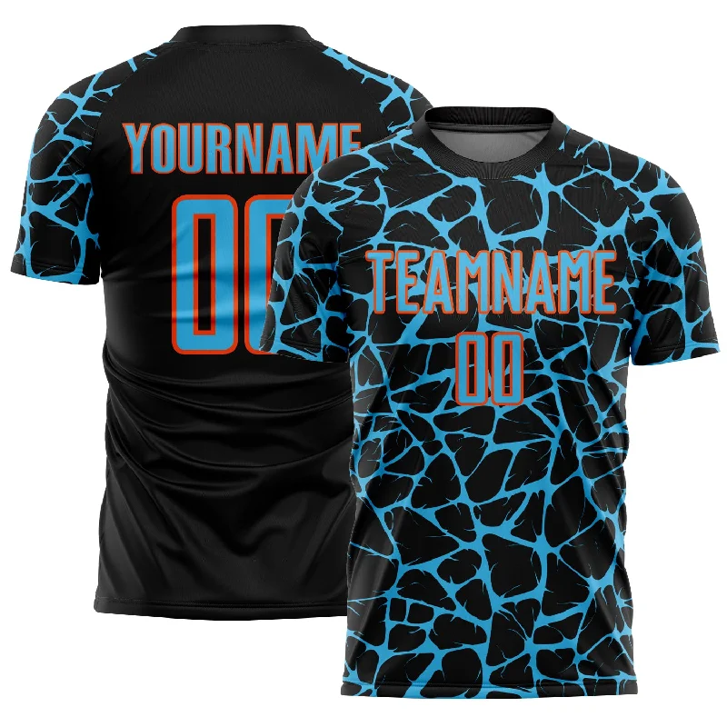 Soccer Jerseys with Extra Breathability for Hot Weather Play-Custom Black Sky Blue-Orange Abstract Network Splash Sublimation Soccer Uniform Jersey