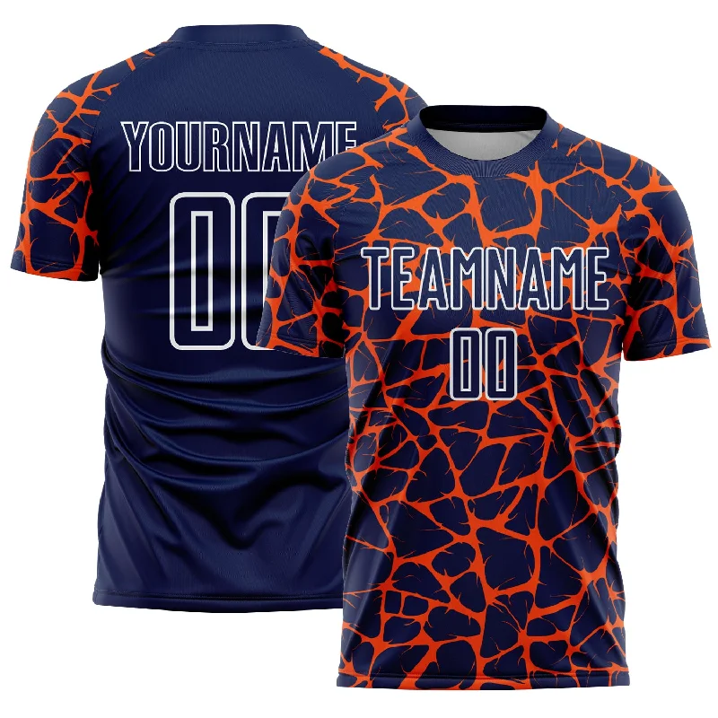 Soccer Jerseys with Custom Fit for Youth and Adults-Custom Navy Orange-White Abstract Network Splash Sublimation Soccer Uniform Jersey