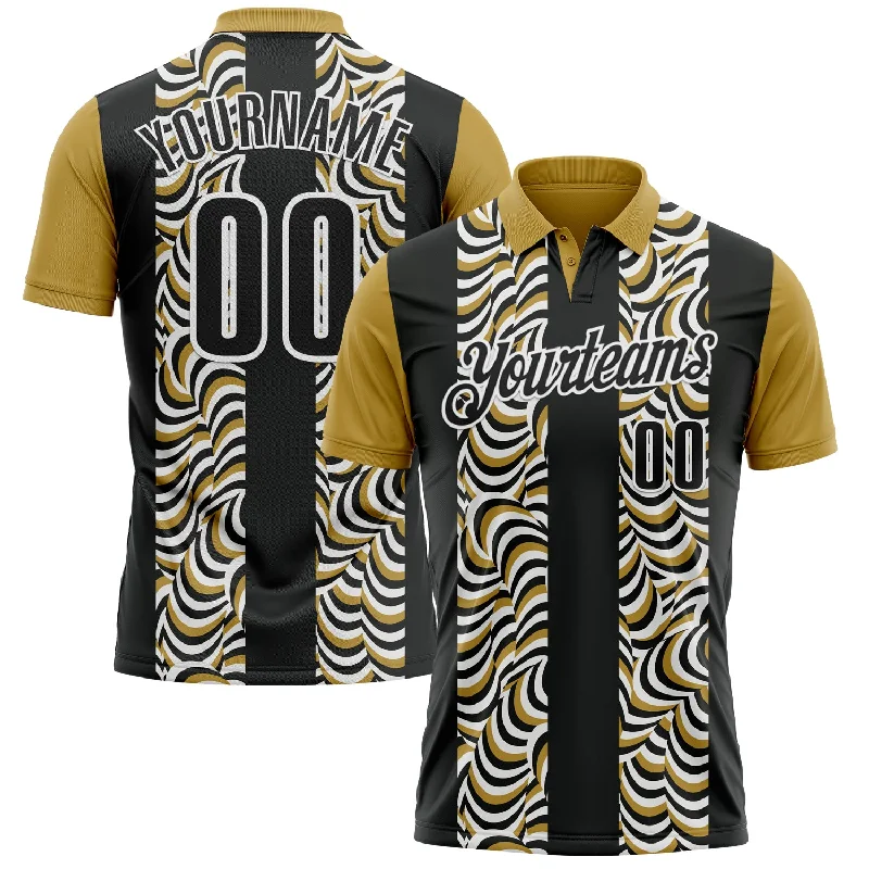 Performance Polo Shirts for Golf Enthusiasts-Custom Black Old Gold-White 3D Bowling Geometric Shape Performance Polo Shirt