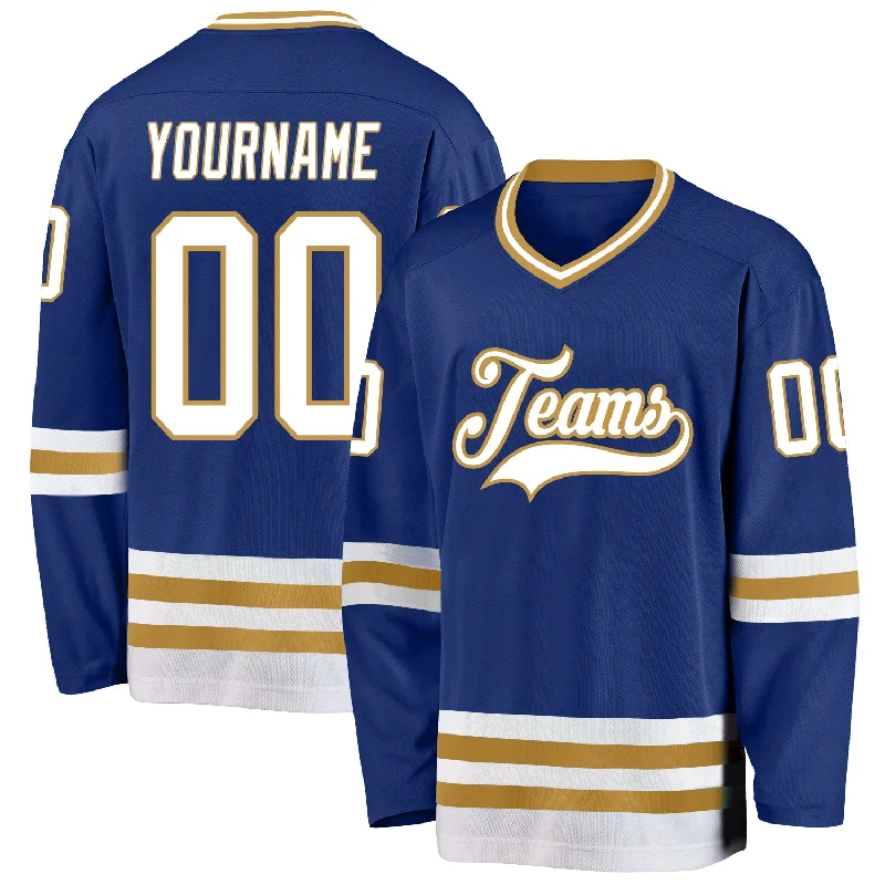 Official Replica Hockey Jerseys for NHL Teams-Custom Royal White-Old Gold Hockey Jersey