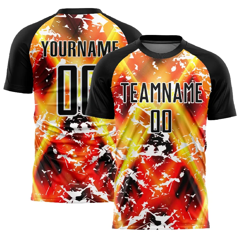 Soccer Jerseys with Non-Iron Fabric for Low Maintenance-Custom Black Yellow-Red Flame Sublimation Soccer Uniform Jersey