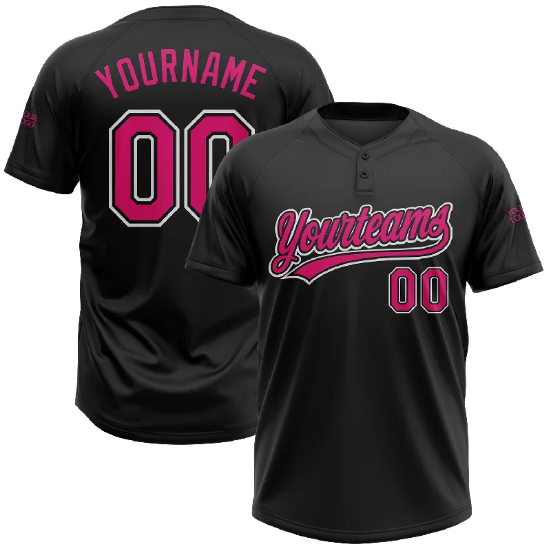 Softball Jerseys with Soft and Breathable Fabric for Comfort-Custom Black Hot Pink-White Two-Button Unisex Softball Jersey