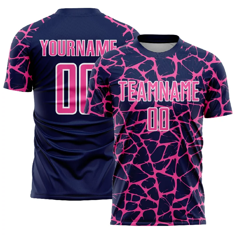 Soccer Jerseys with All-Over Stretch for Easy Movement-Custom Navy Pink-White Abstract Network Splash Sublimation Soccer Uniform Jersey