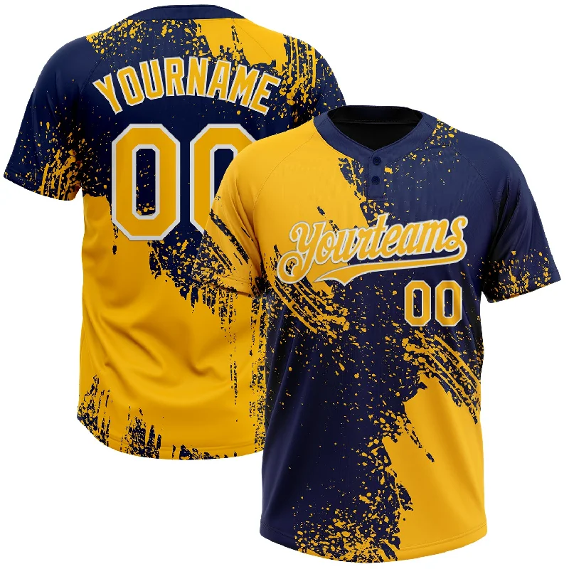 Softball Jerseys with Team Spirit and Mascot Embroidery-Custom Gold Navy-White 3D Pattern Abstract Brush Stroke Two-Button Unisex Softball Jersey