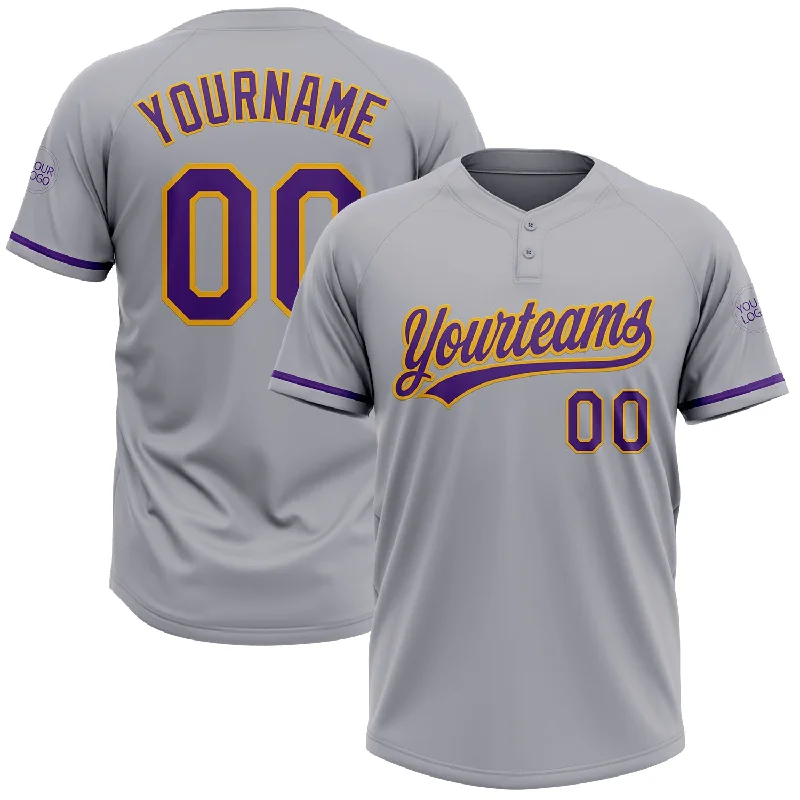 Softball Jerseys with Personalized Options for Custom Play-Custom Gray Purple-Gold Two-Button Unisex Softball Jersey