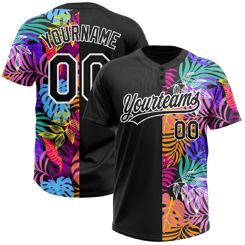 Softball Jerseys with Custom Names and Numbers-Custom Black White 3D Pattern Hawaii Tropical Palm Trees Two-Button Unisex Softball Jersey