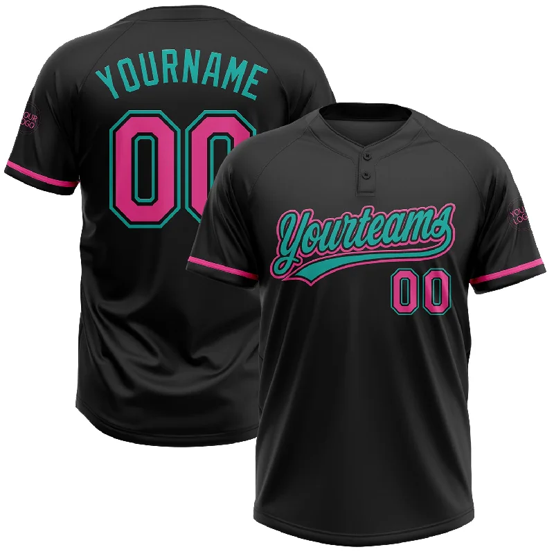 Softball Jerseys with Personalized Options for Custom Play-Custom Black Pink-Aqua Two-Button Unisex Softball Jersey