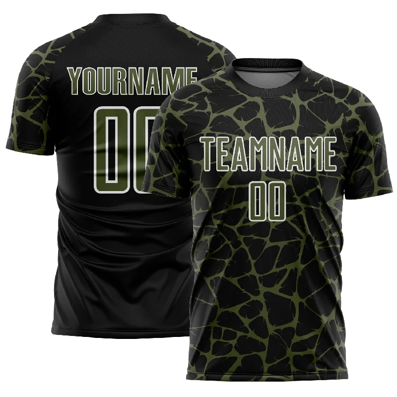 Soccer Jerseys with Soft Lining for Comfort During Play-Custom Black Olive-White Abstract Network Splash Sublimation Soccer Uniform Jersey