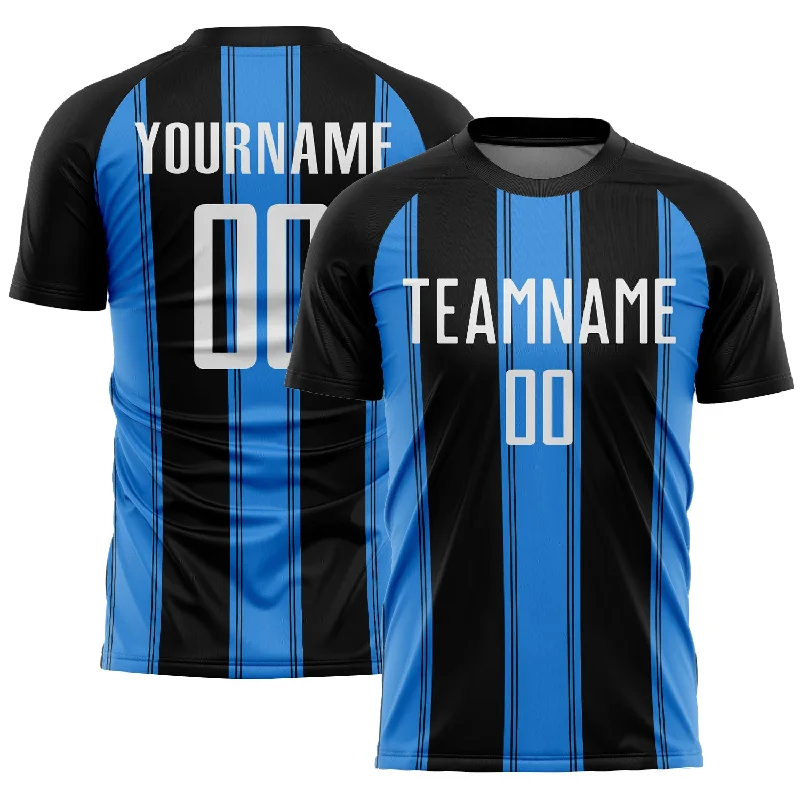 Youth Soccer Jerseys with Elastic Sleeves for Secure Fit-Custom Black White-Powder Blue Line Sublimation Soccer Uniform Jersey