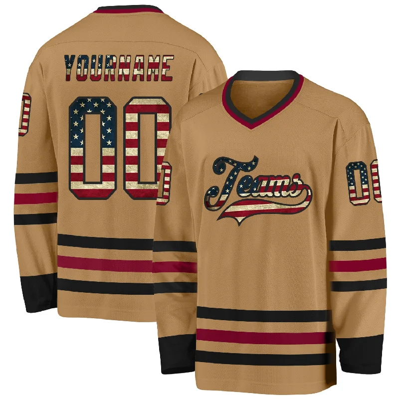 Lightweight Custom Hockey Jerseys for Youth Teams-Custom Old Gold Vintage USA Flag Black-Maroon Hockey Jersey