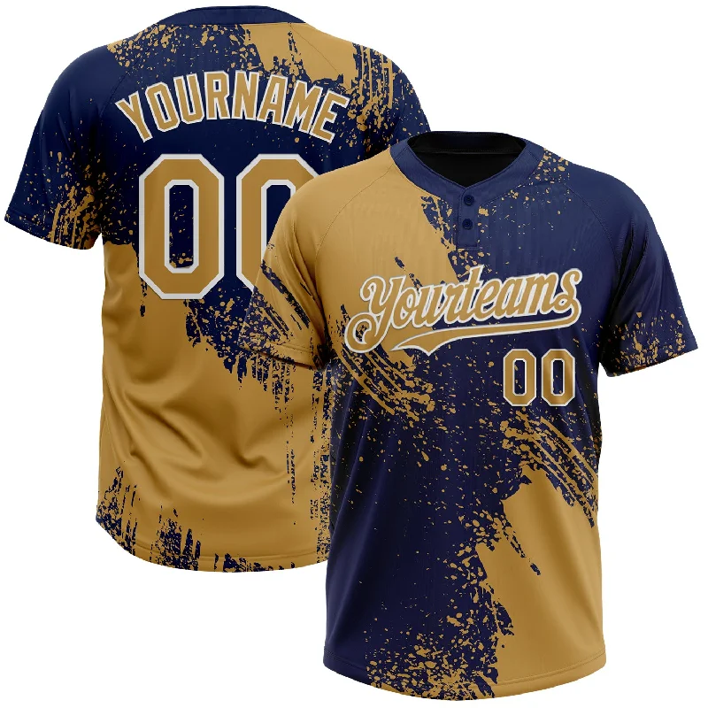 Softball Jerseys with Full-Button Front for Classic Design-Custom Old Gold Navy-White 3D Pattern Abstract Brush Stroke Two-Button Unisex Softball Jersey