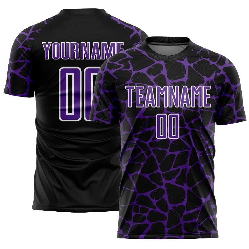 Personalized Soccer Jerseys for Players and Fans-Custom Black Purple-White Abstract Network Splash Sublimation Soccer Uniform Jersey