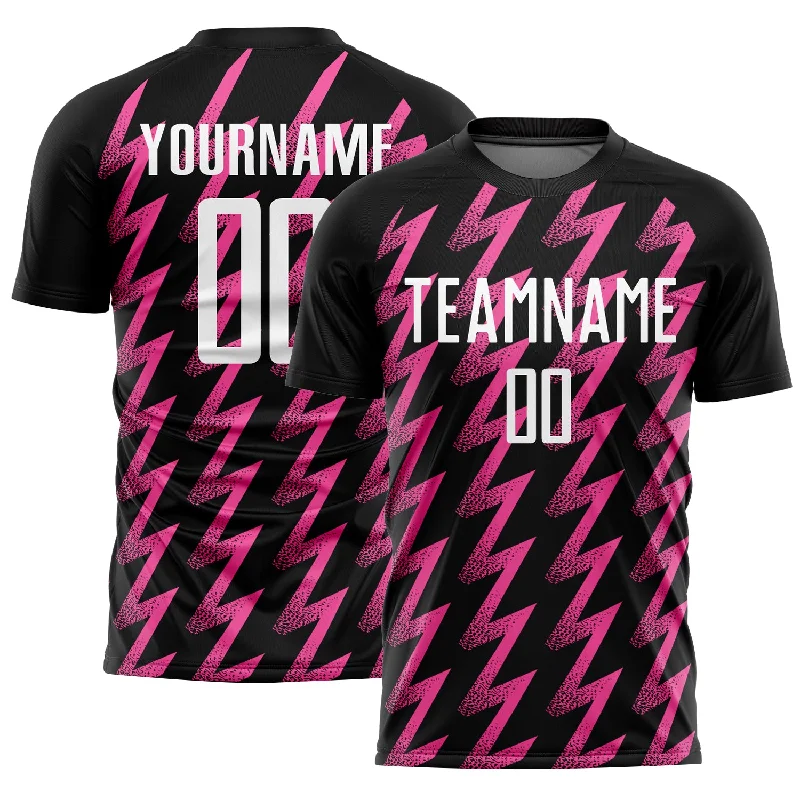 Soccer Jerseys with Sublimated Design for Unique Patterns-Custom Black White-Pink Zigzag Shape Sublimation Soccer Uniform Jersey