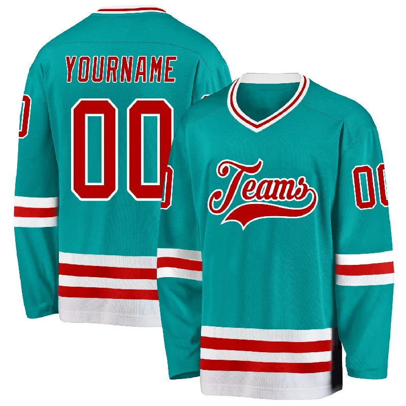 Premium Fabric Hockey Jerseys for Comfort-Custom Aqua Red-White Hockey Jersey