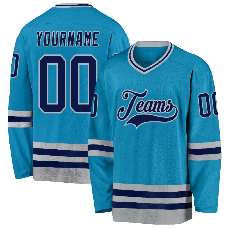 Hockey Jerseys with Embroidered Logos-Custom Panther Blue Navy-Gray Hockey Jersey