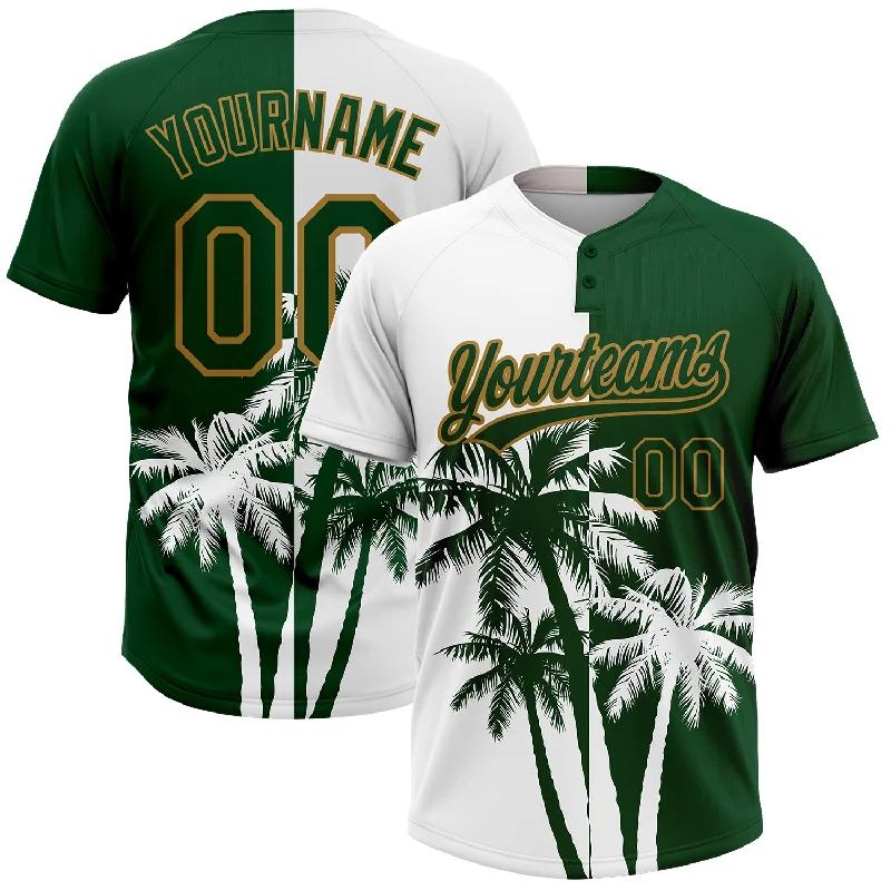 Softball Jerseys with Ribbed Collar for Classic Design-Custom White Green-Old Gold 3D Pattern Hawaii Coconut Trees Two-Button Unisex Softball Jersey