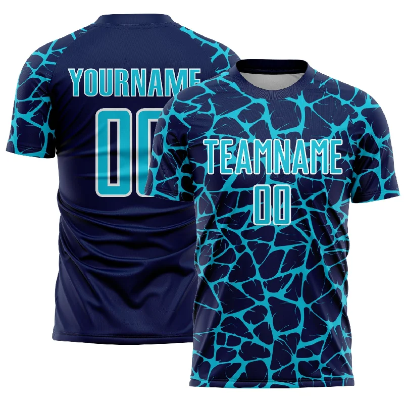 Soccer Jerseys with Reinforced Elbows for Extra Durability-Custom Navy Lakes Blue-White Abstract Network Splash Sublimation Soccer Uniform Jersey