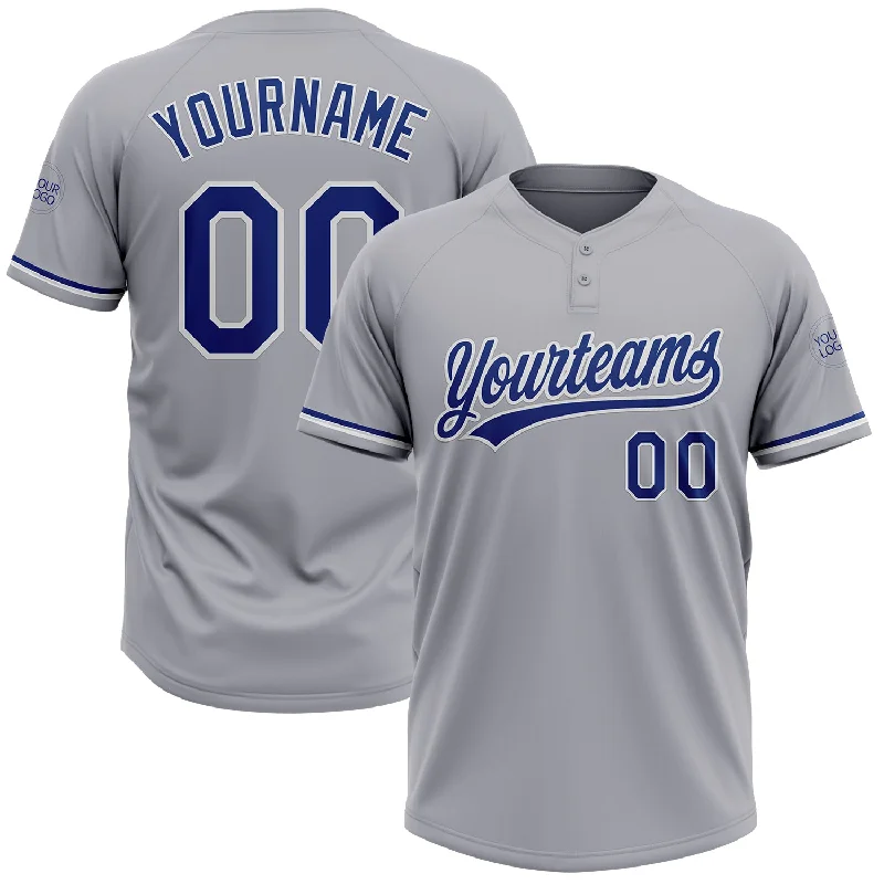 Softball Jerseys with Stylish Sleeves for Fashionable Look-Custom Gray Royal-White Two-Button Unisex Softball Jersey