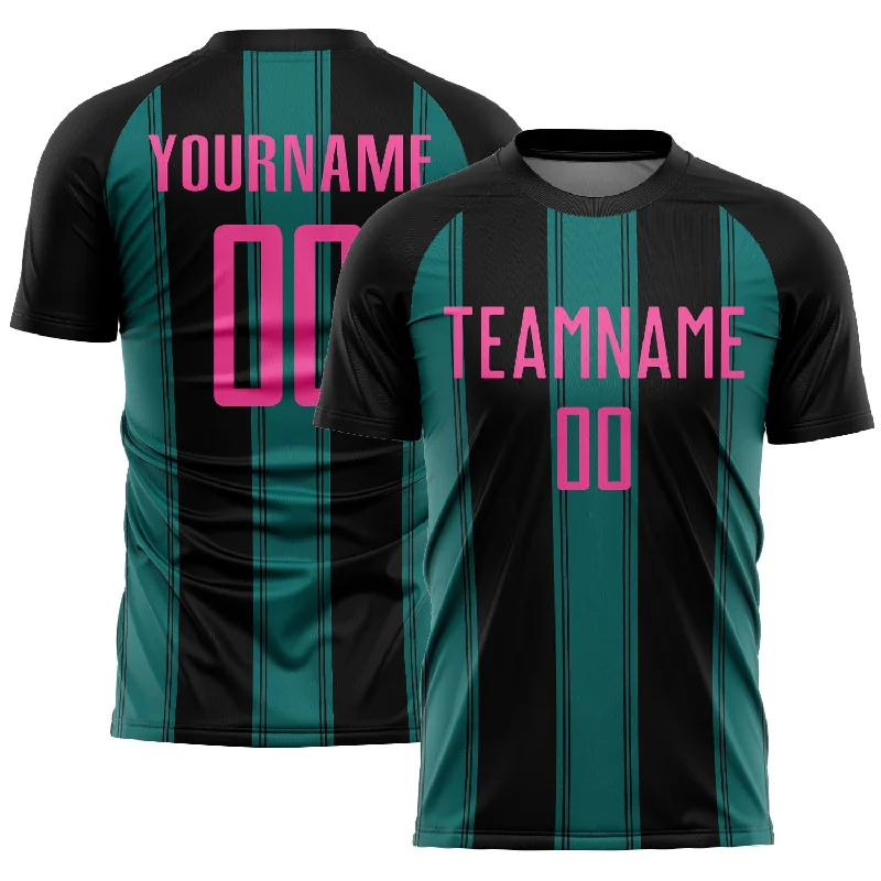 Soccer Jerseys with Piping for Traditional Style-Custom Black Pink-Teal Line Sublimation Soccer Uniform Jersey